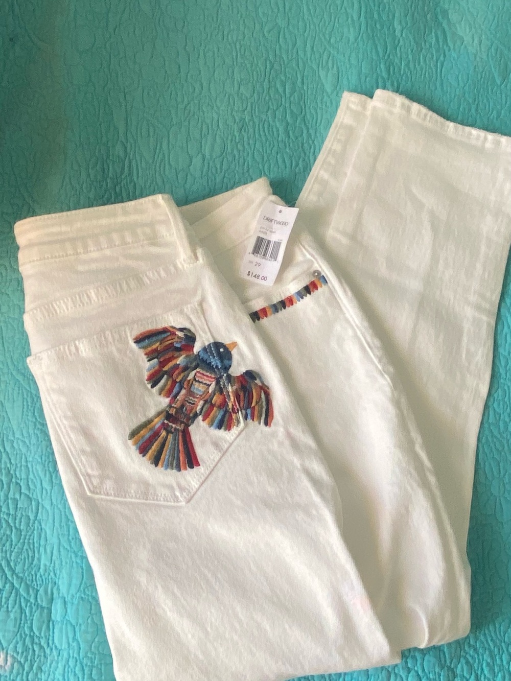 DRIFTWOOD White Straight-Leg Jeans with Multicolor Embroidered Bird